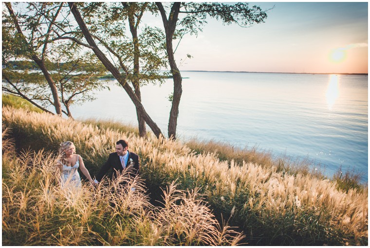 bride and groom with the sunset at chesapeake bay beach club
