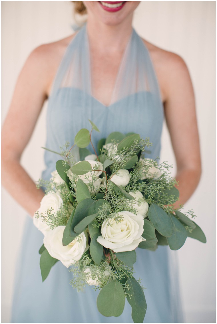 dusty blue bridesmaid dress, white rose and greenery bridesmaid bouquet