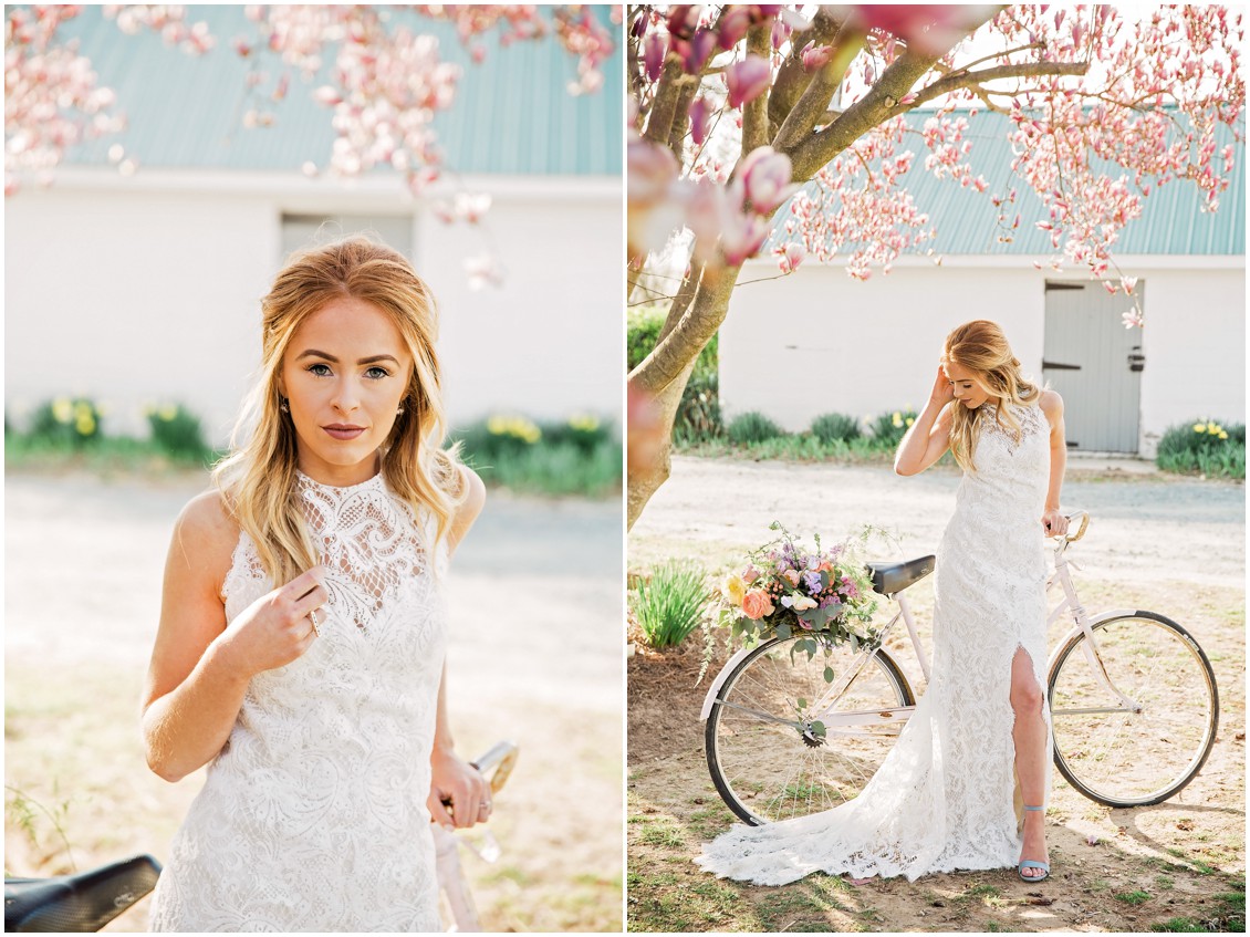 Beautiful bride poses with beach cruiser bike for a Garden Party Wedding Styled-Shoot on Maryland's Eastern Shore