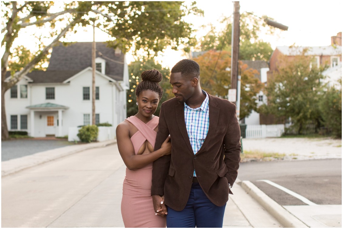 Young, attractive couple celebrate their engagement with a romantic walk through downtown Easton, Maryland.