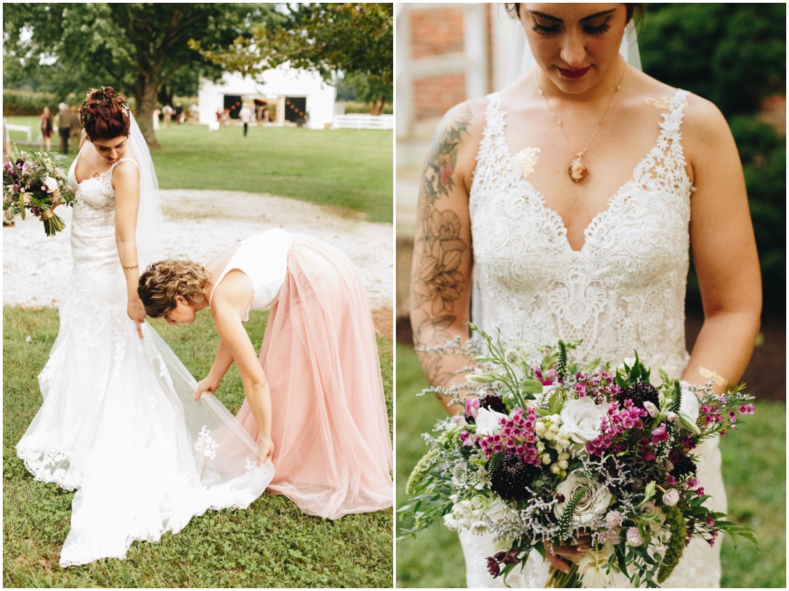 Tatted bride, her maid of honor, and wild-flowered bouquet by  Keleidoscope Custom Florals + Butterbee Farm. |Eastern Shore Wedding|