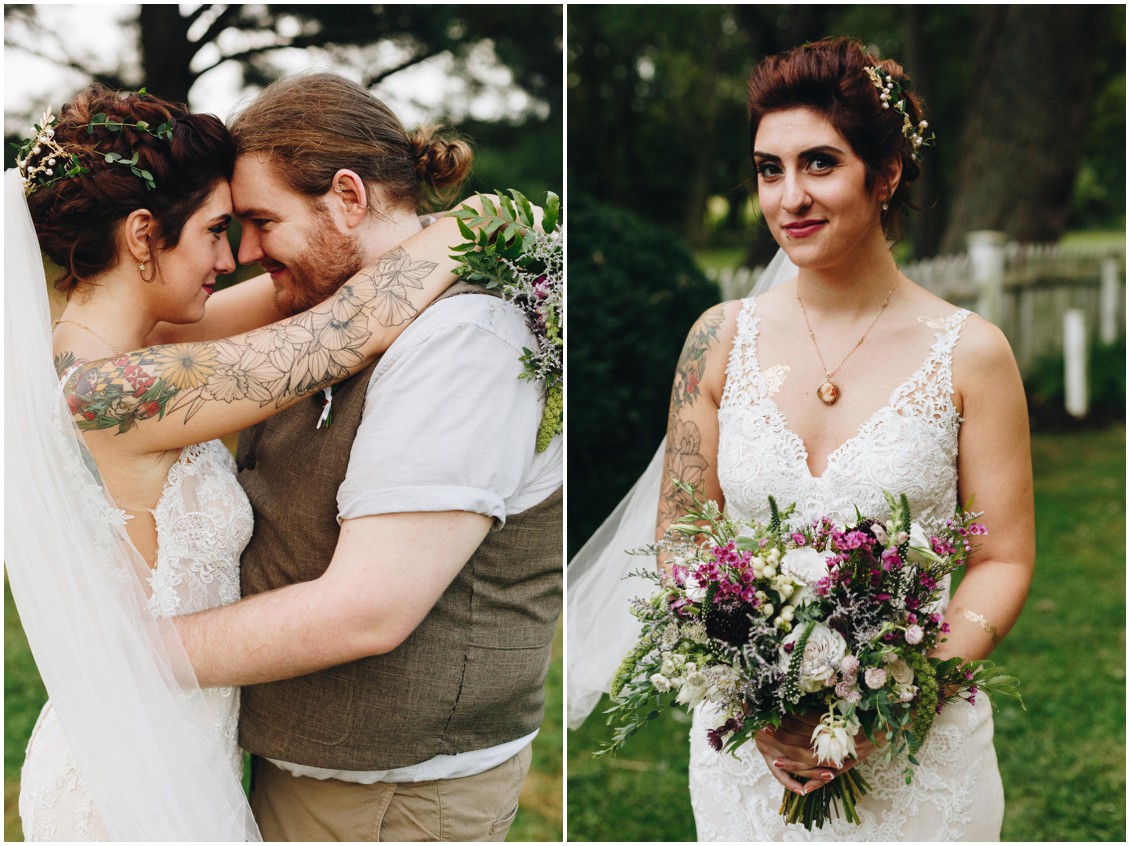 Floral tatto sleeved bride, loose floral bouquet by Keleidoscope Custom Florals + Butterbee Farm, and hair by Hair Rehab. |Eastern Shore Wedding|