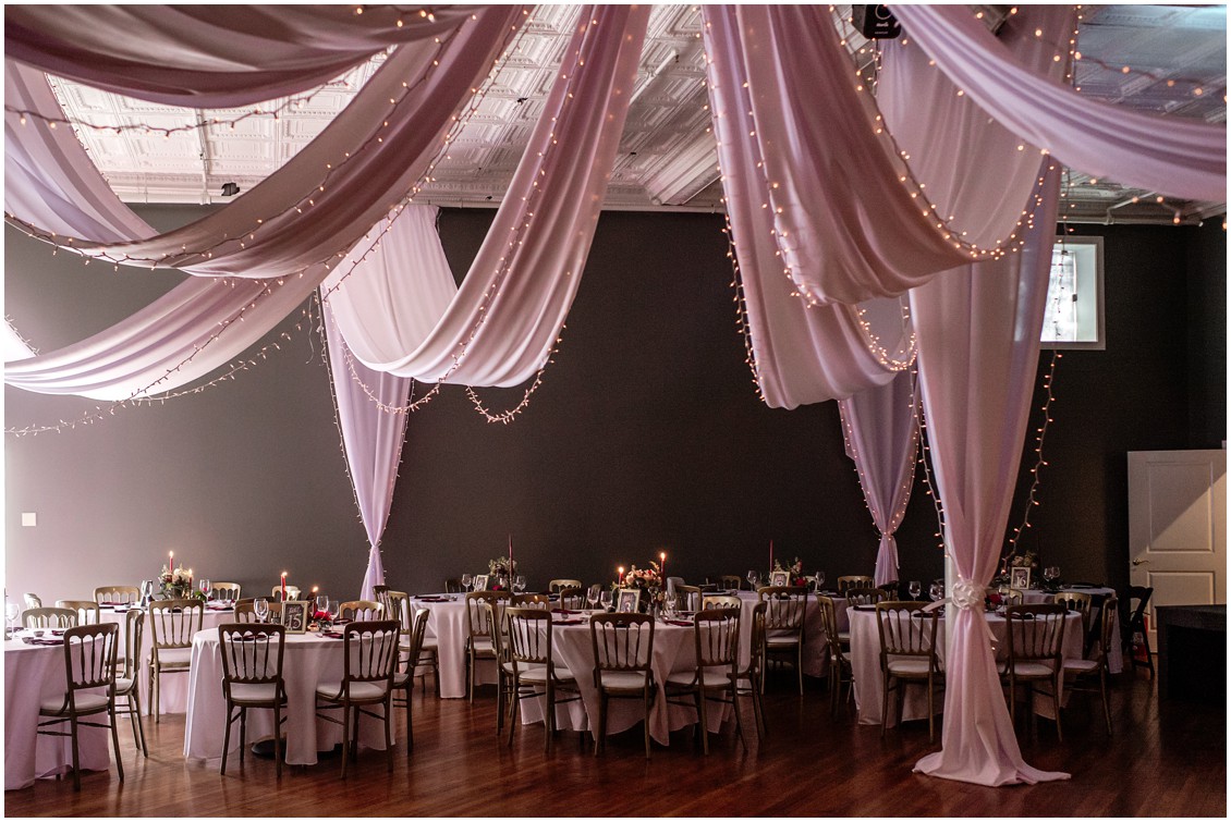 DIY decor, light purple drapings with white string lights above the circular tables. | My Eastern Shore Wedding | 