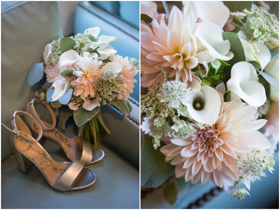 Lilac & Page floral bouquet and rose gold Sam Edelman heels. | My Eastern Shore Wedding | 