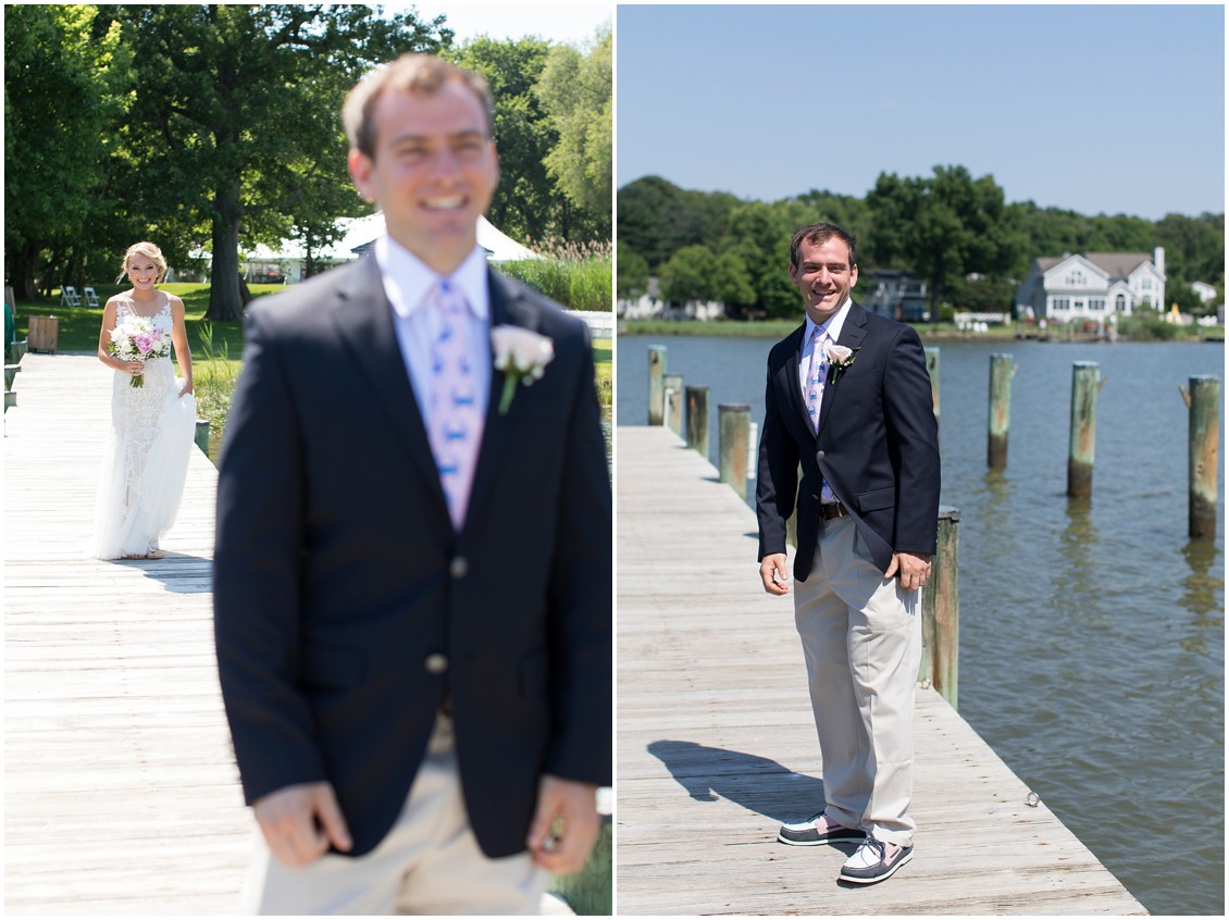 Bride walking down the dock to the groom for the reveal. | My Eastern Shore Wedding | 