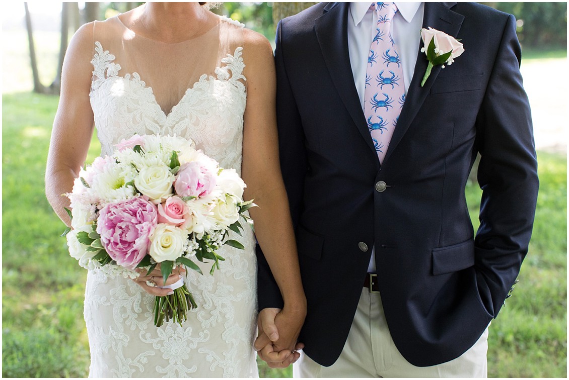 Bright pink and white floral bouquet, rose boutonniere, and a pink tie with blue crabs. | My Eastern Shore Wedding | 