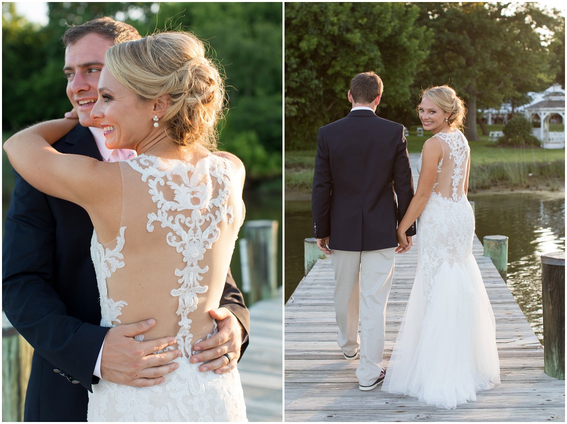 Bride and groom on the dock at sunset, embracing each other at the Historic Kent Manor Inn in Stevensville, MD. | My Eastern Shore Wedding | 