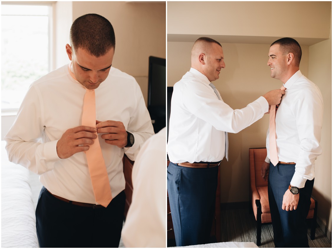 Groom getting ready, peach colored tie. | My Eastern Shore Wedding | 