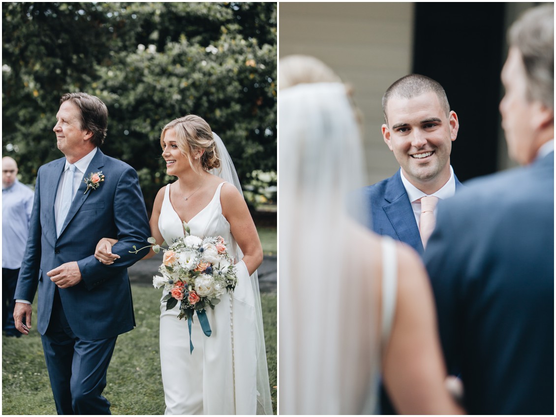 Father walking the bride down the aisle, groom tearing up at the sight of the bride. | My Eastern Shore Wedding | 