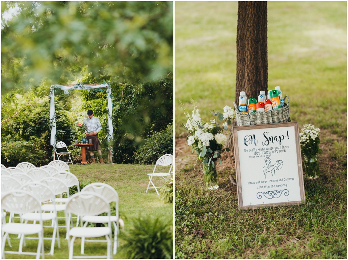 Ceremony details, no cellphones sign, sunscreen and bug spray in a basket. | My Eastern Shore Wedding |  
