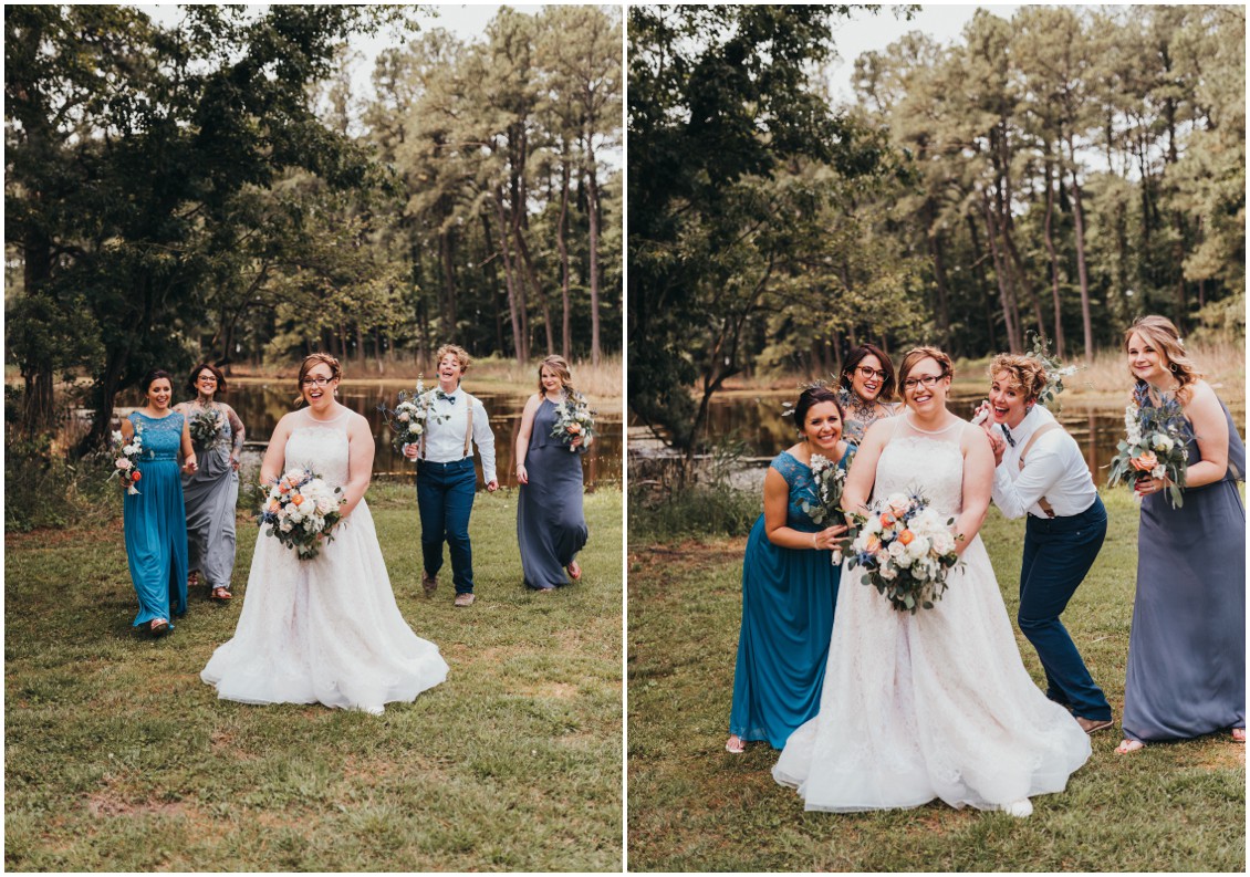 Bride with her bridal party by a pond. | My Eastern Shore Wedding | 
