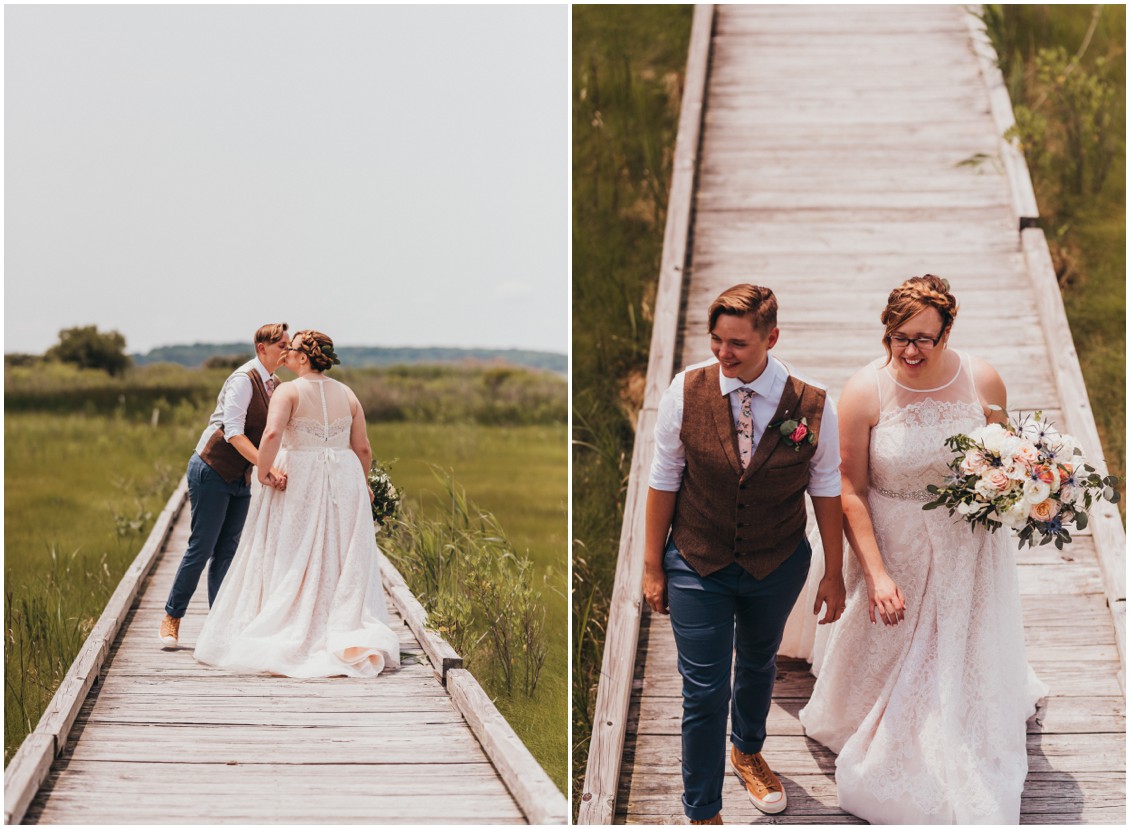 Married couple on long wooden dock together. | My Eastern Shore Wedding | 