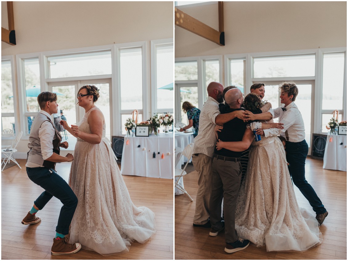 Married couple dancing together and with family and friends at reception. | My Eastern Shore Wedding | 