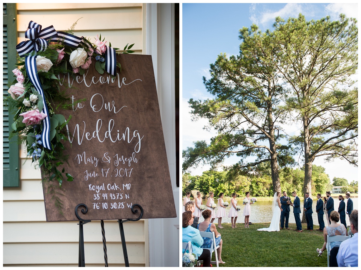 rustic nautical countryside wedding vibes - wedding sign inspiration with light pink and whited flowers and navy and white striped ribbon accents - outdoor summer wedding on quiet cove at chesapeake bay wedding venue - now featured on My Eastern Shore Wedding