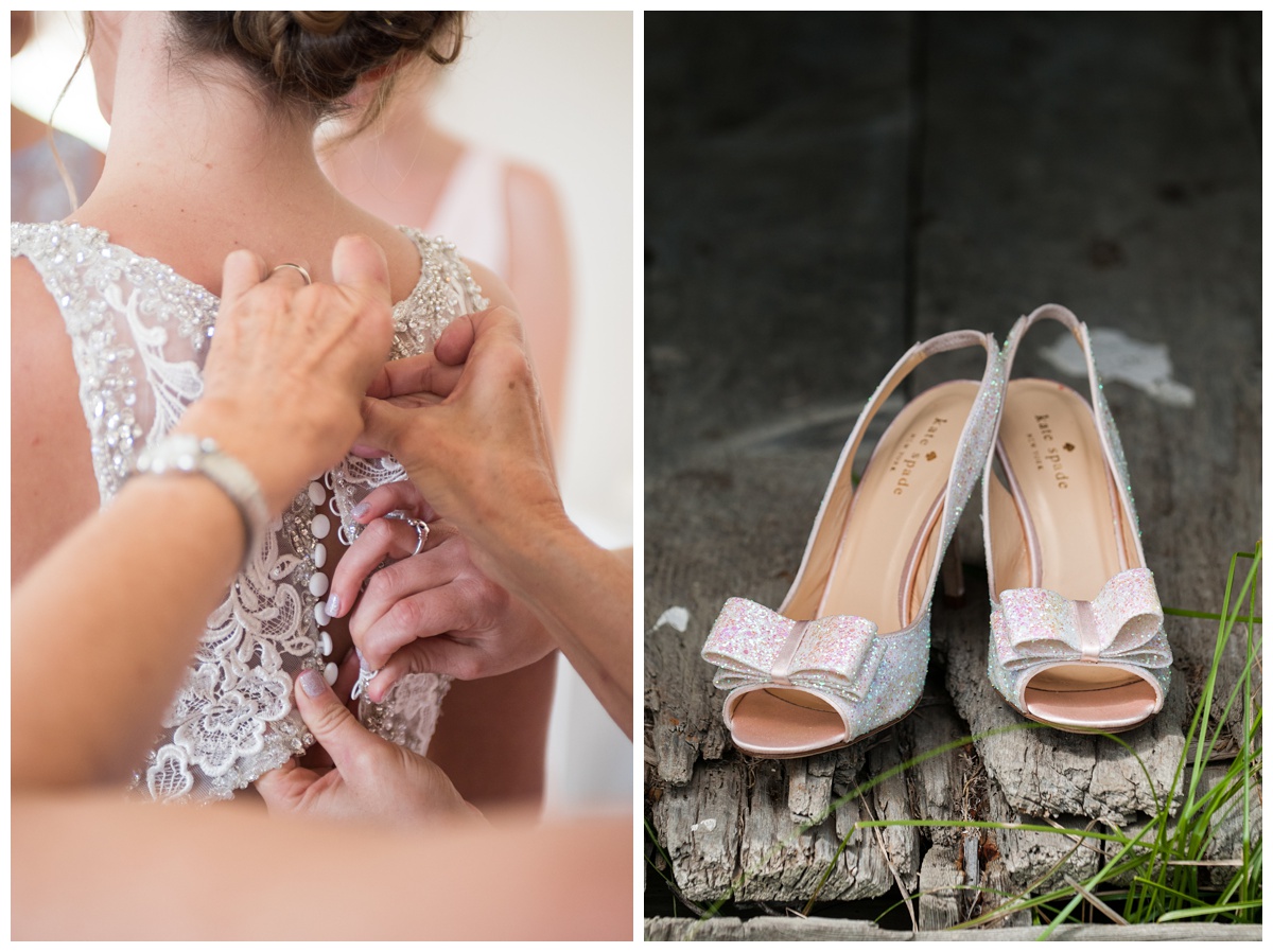 bridal detail photos - glittery pink peep toe heels by designer Kate Spade and getting ready photo with back of wedding dress