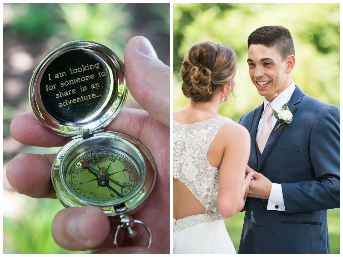 grooms gift photo - customized compass with flip top - bride and groom first look photo outdoors at chesapeake bay wedding in royal oak maryland in the summer - now featured on My Eastern Shore Wedding - wedding inspiration for eastern shore and coastal beach brides