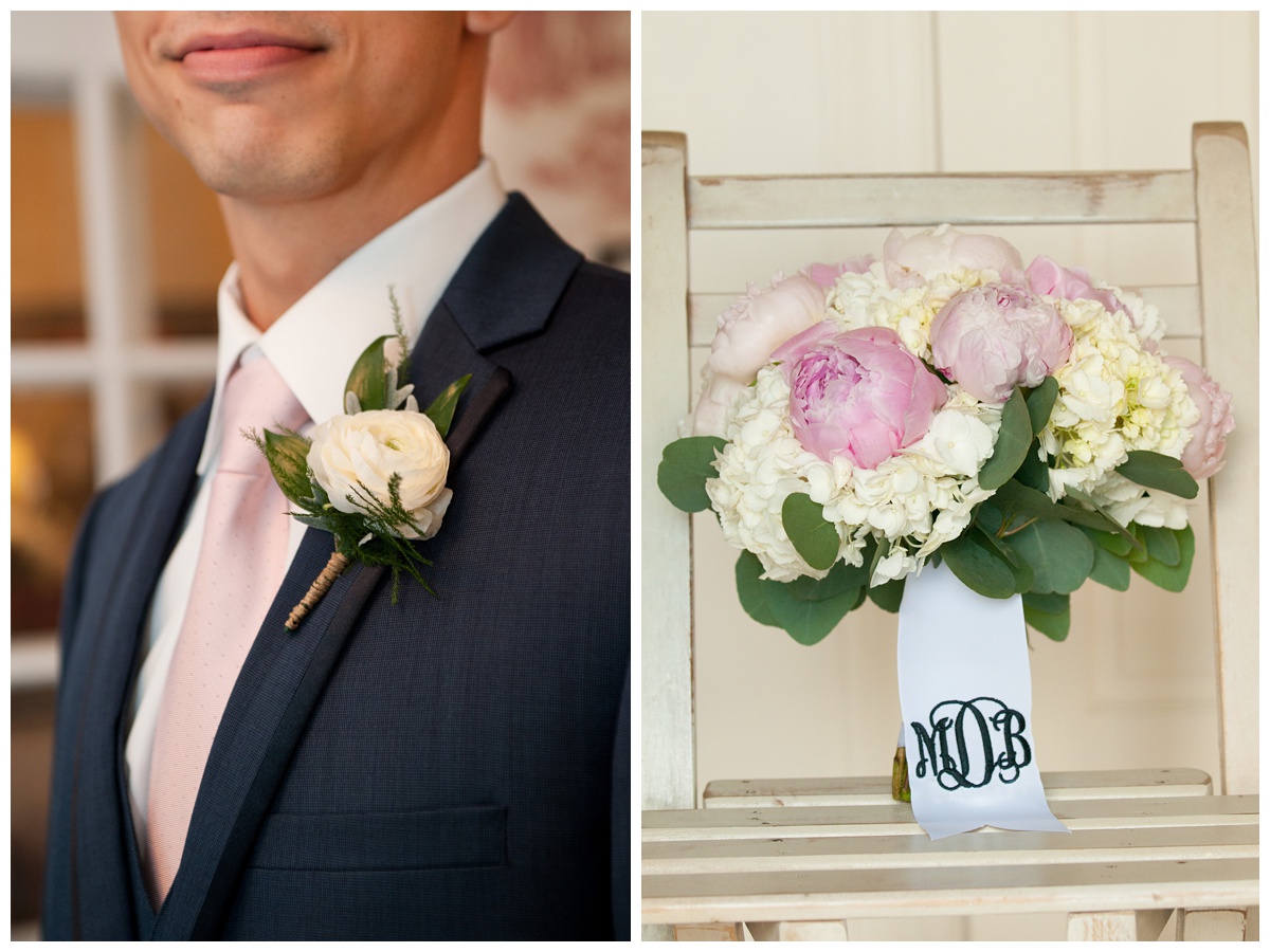 countryside wedding at the oaks at waterfront inn wedding in june - the summer - groom and bride wedding details photo indoors - pink and white wedding flowers - peonies - hydrangea - and roses with greenery