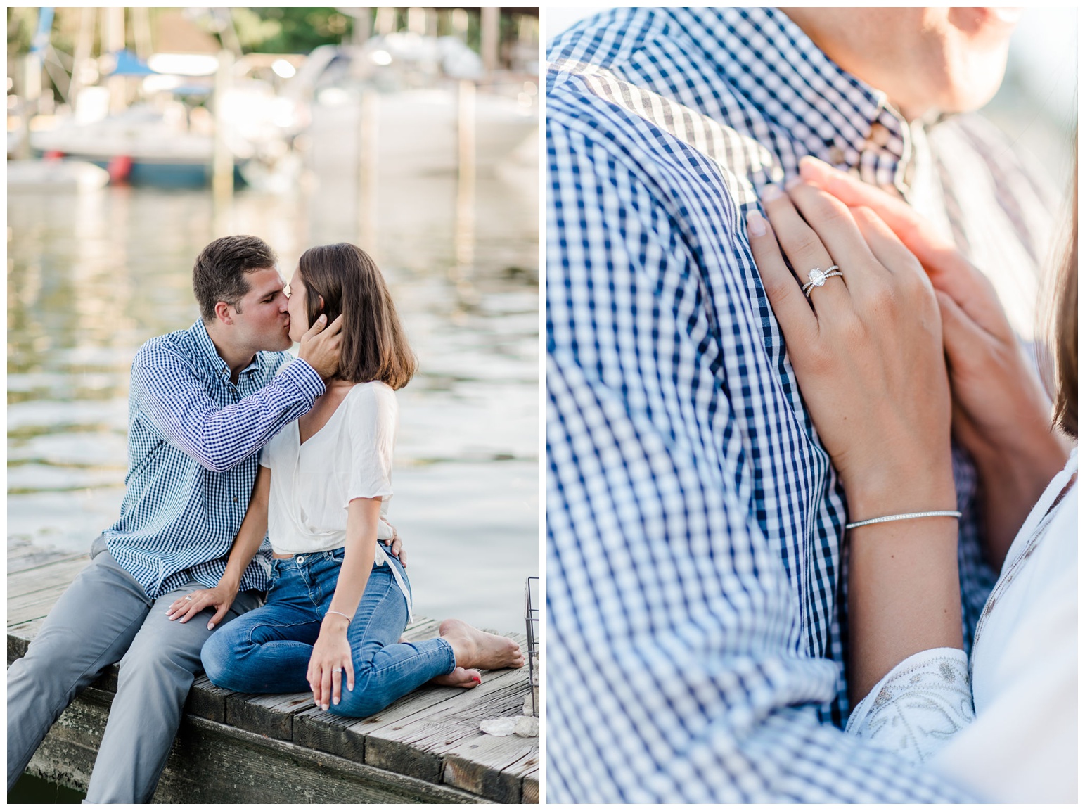 photo of couple kissing in front of sailboats on pier - dock - classic chesapeake bay inspired photoshoot - photo of diamond engagement ring