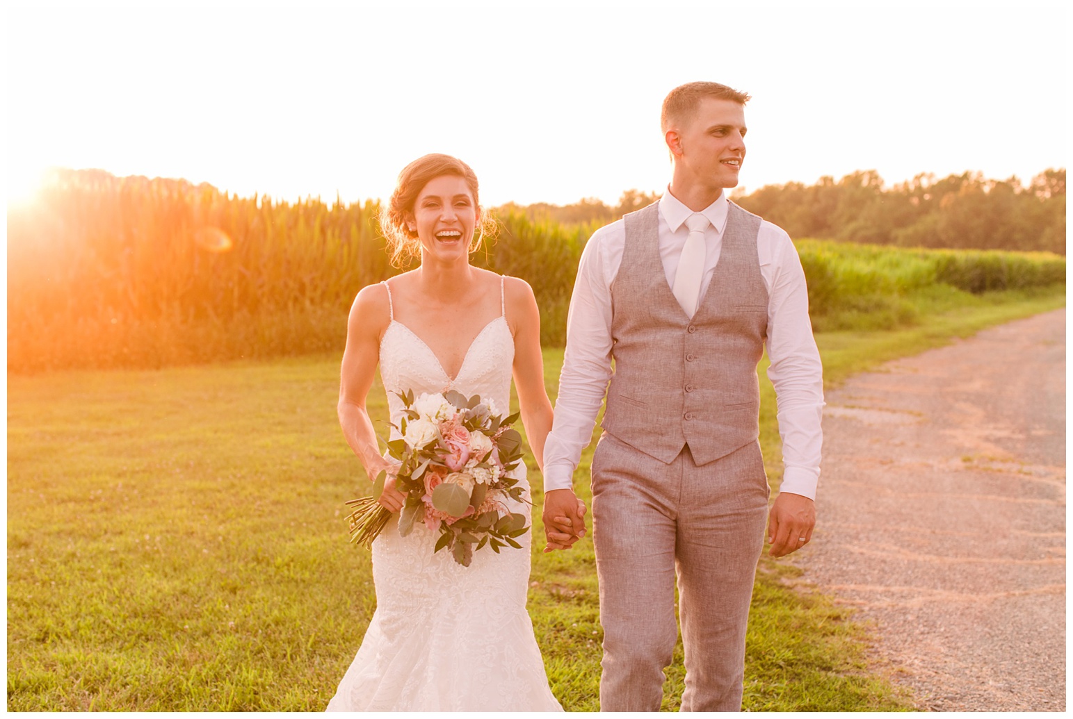 worsell manor wedding in the summer - warwick md - now featured on My Eastern Shore Wedding - coastal - sea - nautical - eastern shore - inspired wedding ideas and inspo - photo of bride and groom outdoors at sunset - golden hour - in front of corn field