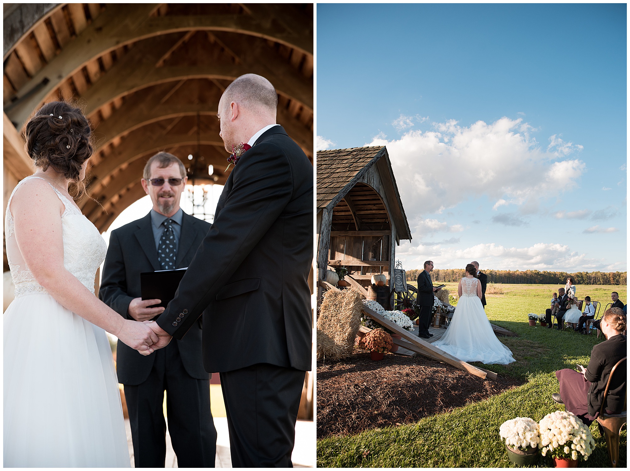 wedding ceremony. wedding photos outdoors at covered bridge inn in lewes delaware. historic wedding barn venue on the eastern shore. fall wedding in november with rustic decor theme.