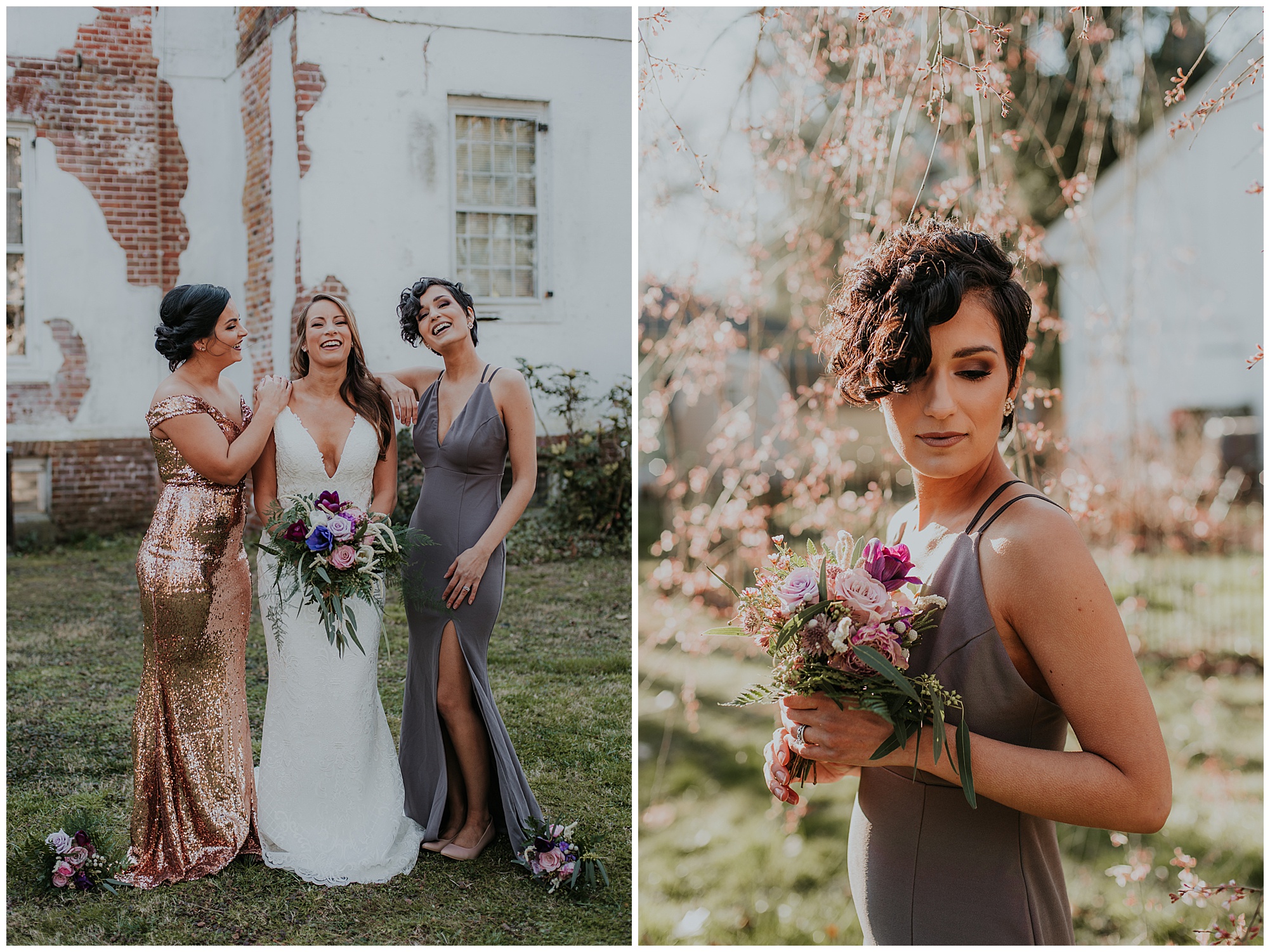 glamorous and boho style wedding theme at chanceford hall bed and breakfast. bride and bridesmaids outdoors at historic venue. maryland wedding now featured on my eastern shore wedding.