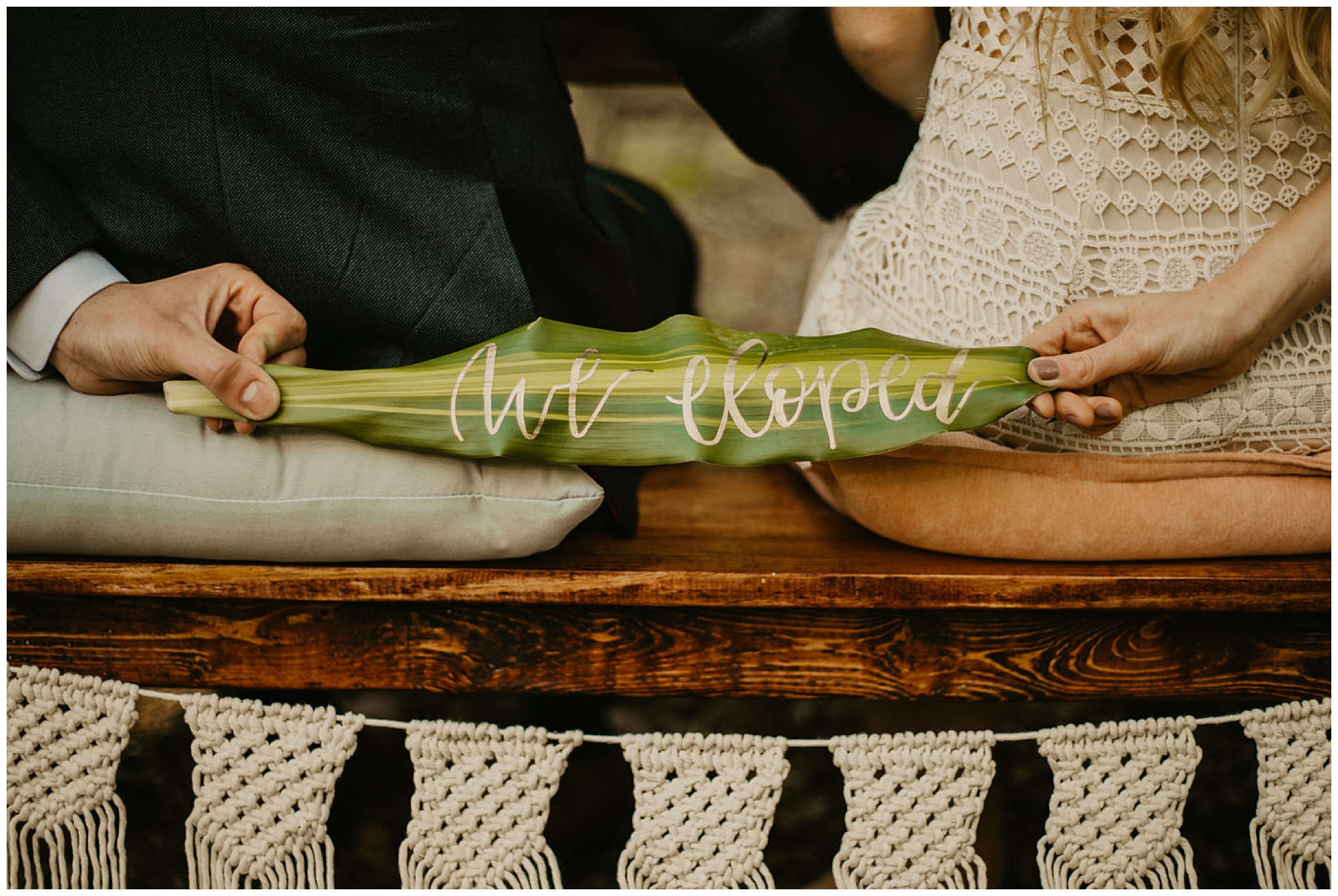natural leaf signage for wedding or elopement inspo | carefree elopement with eco friendly style decor at prancing deer farm now featured on my eastern shore wedding blog