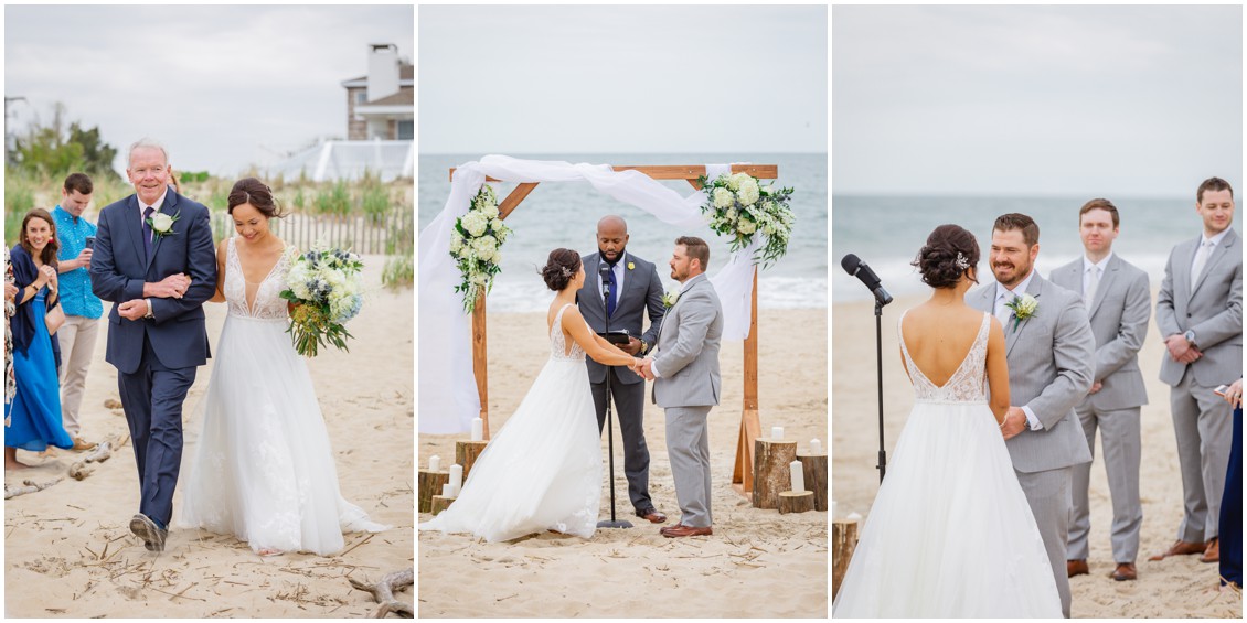 Oceanside ceremony , dad walking daughter down the aisle, floral arch | My Eastern Shore Wedding | Dover Tents and Events 