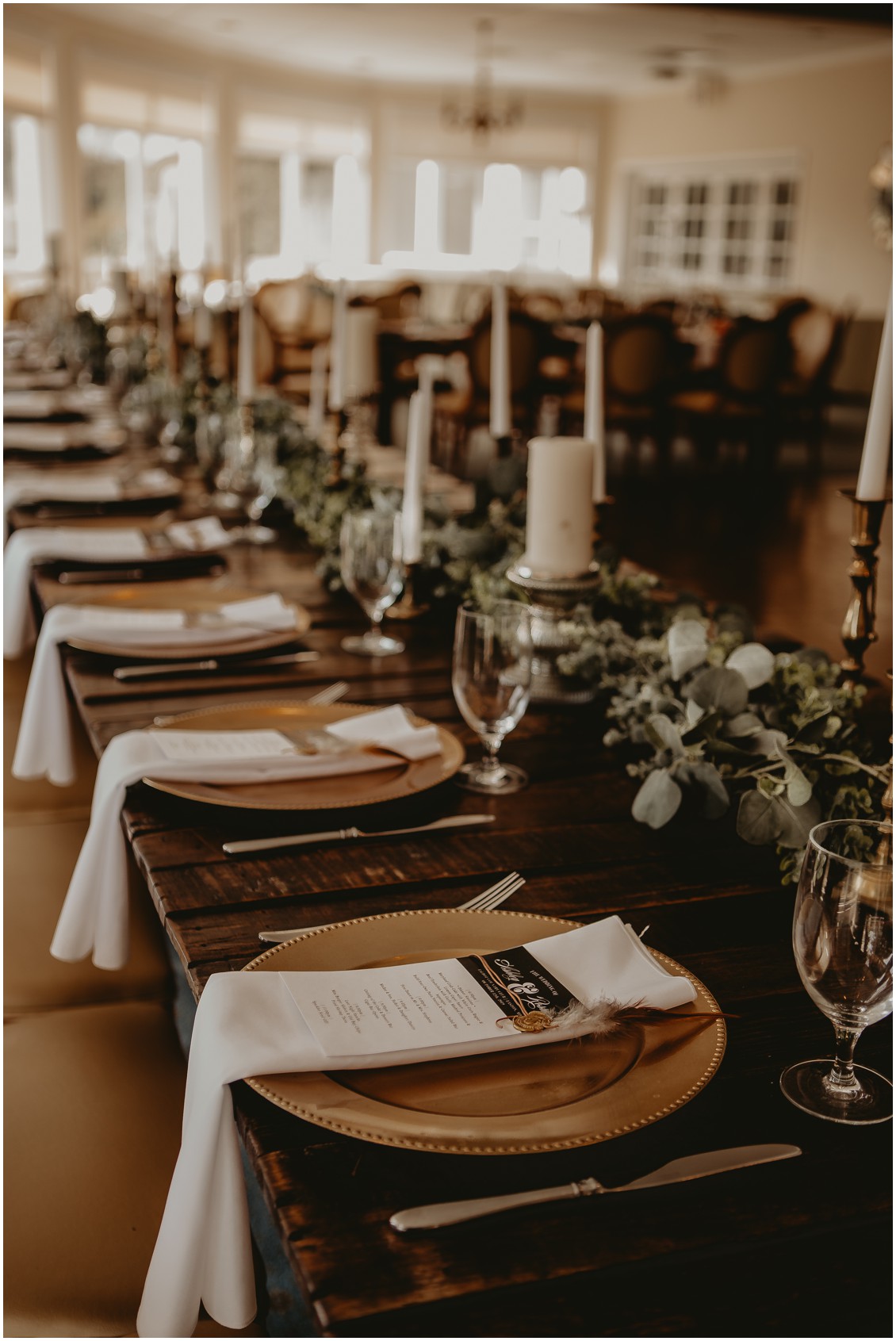 Dining room styled shot, gold chargers, eucalyptus table runner | My Eastern Shore Wedding | Sherwood Florist | Mill Street Farm 