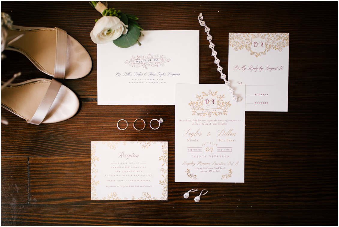 Invitation suite with bridal details and wedding rings | Kingsbay Mansion| My Eastern Shore Wedding