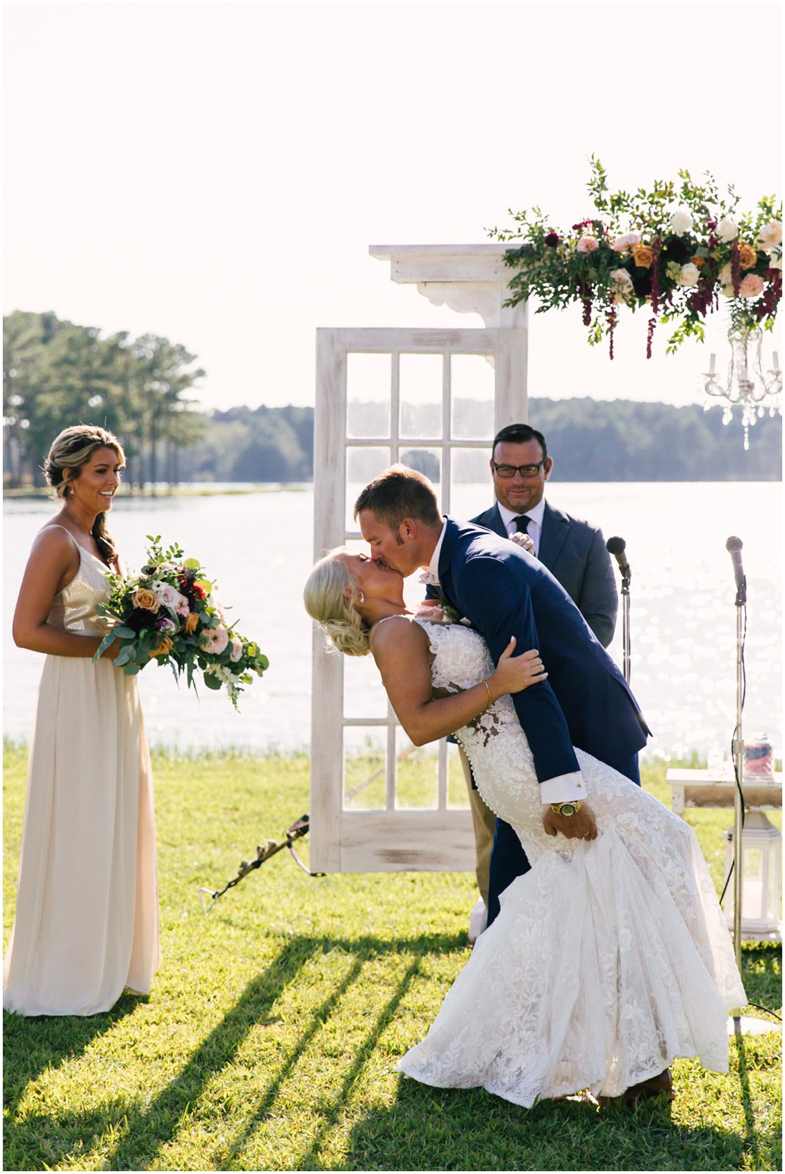 Bride and groom first kiss after outdoor wedding ceremony | Kingsbay Mansion| My Eastern Shore Wedding
