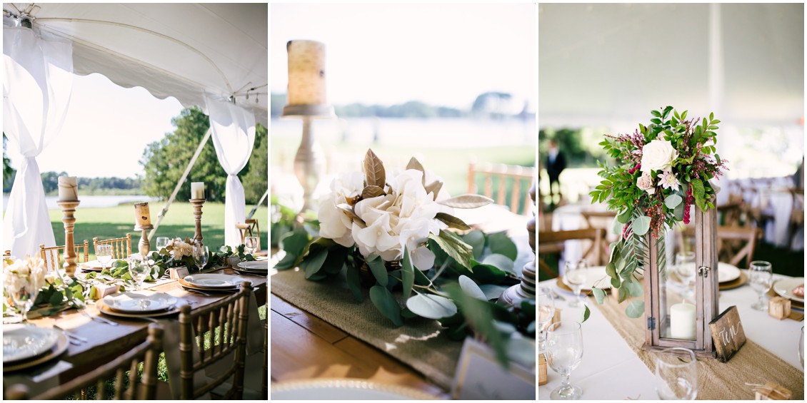 Details of farm tables with gold runners and lanterns, white flowers and greenery | Kingsbay Mansion| Dover Tents and Events |My Eastern Shore Wedding