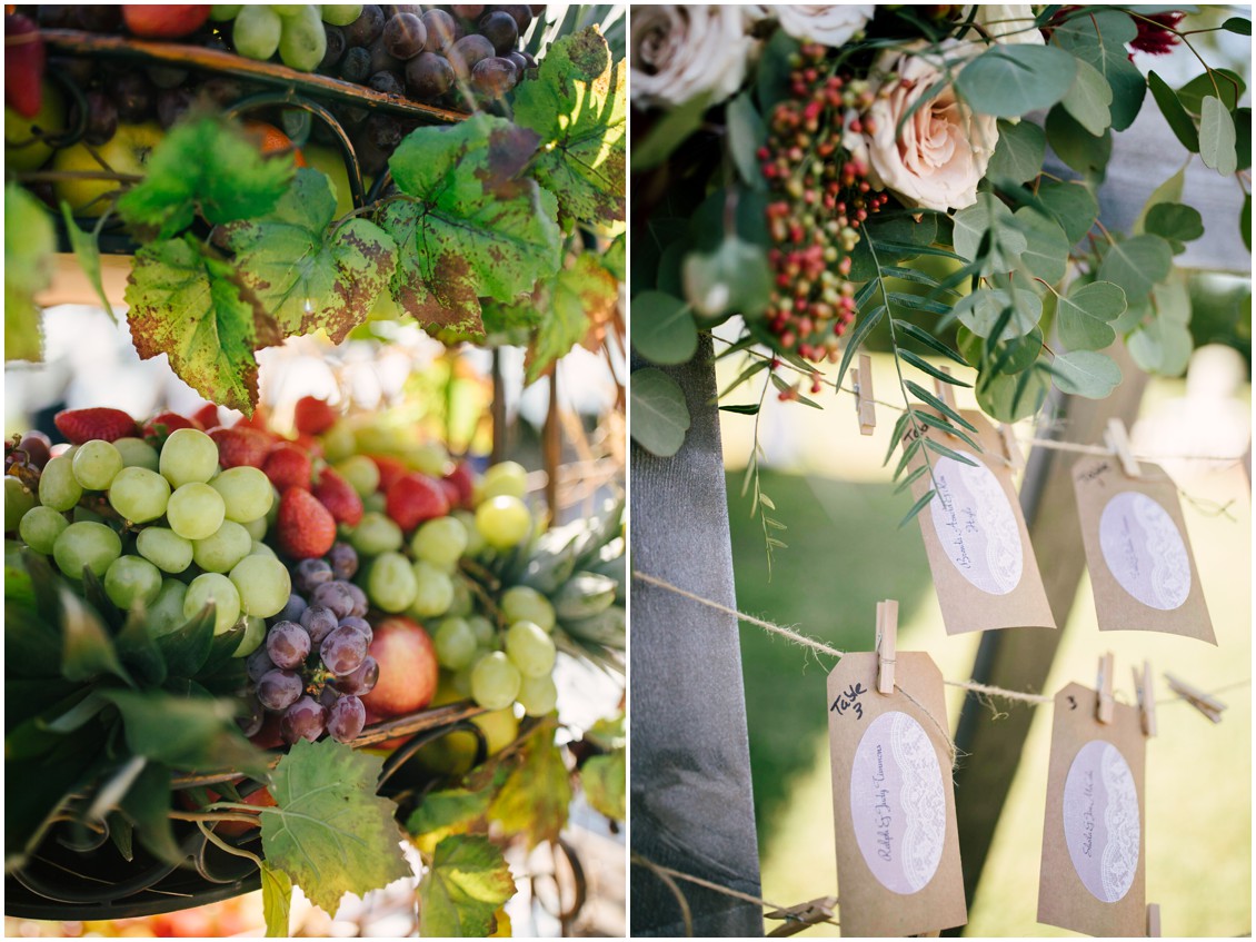 Details of fruit display and table numbers on tags | Kingsbay Mansion| Dover Tents and Events |My Eastern Shore Wedding