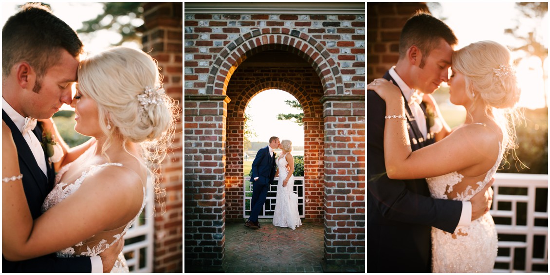 Bride and groom portraits in golden sunlight under brick archway at historic mansion | Kingsbay Mansion| Dover Tents and Events |My Eastern Shore Wedding