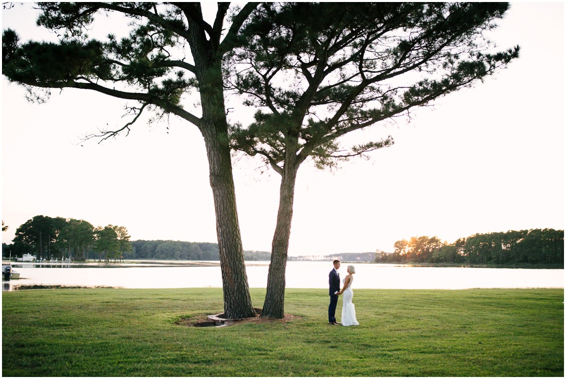 Bride and groom under majestic tree in sun | Kingsbay Mansion| Dover Tents and Events |My Eastern Shore Wedding