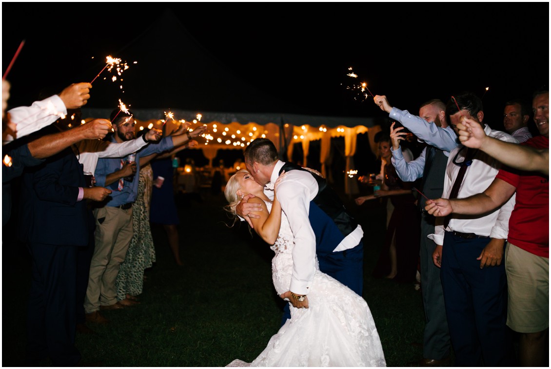 Bride and groom kissing at sparkler sendoff | Kingsbay Mansion| Dover Tents and Events |My Eastern Shore Wedding
