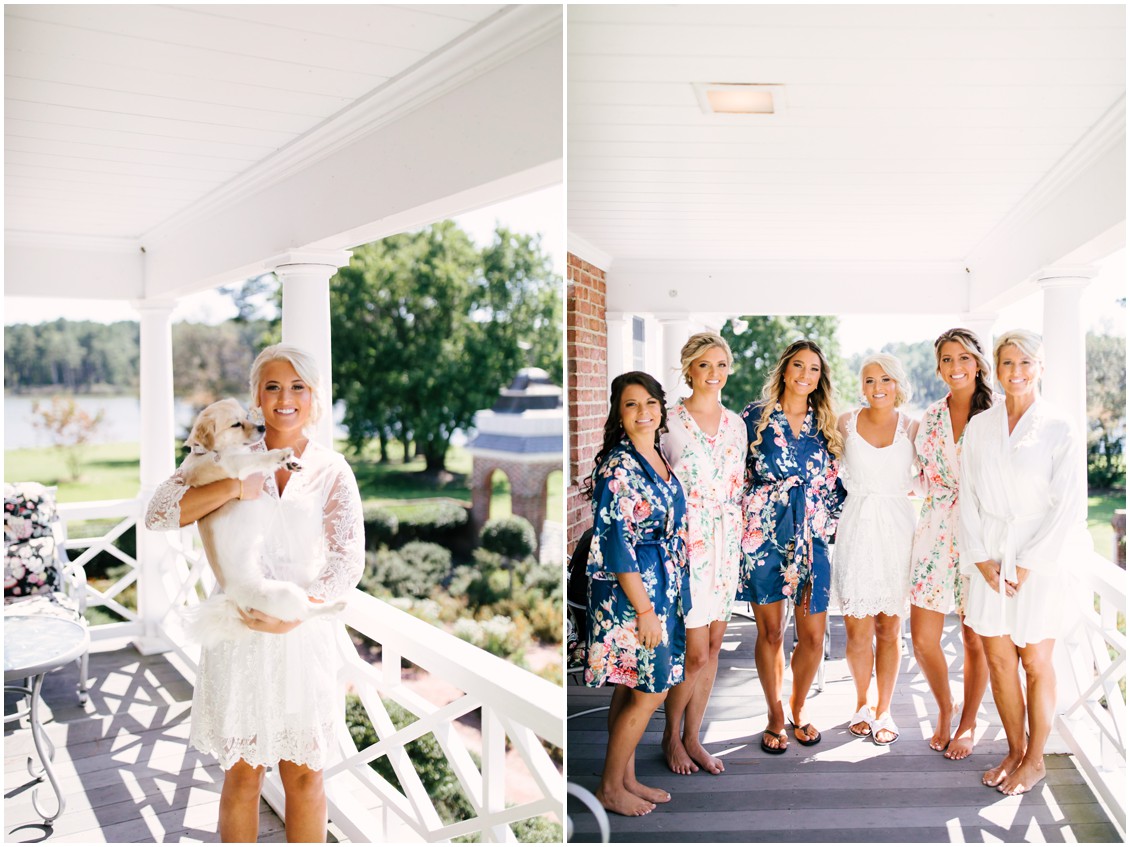 Bride with dog and bride and bridesmaids in matching floral robes | Kingsbay Mansion| My Eastern Shore Wedding