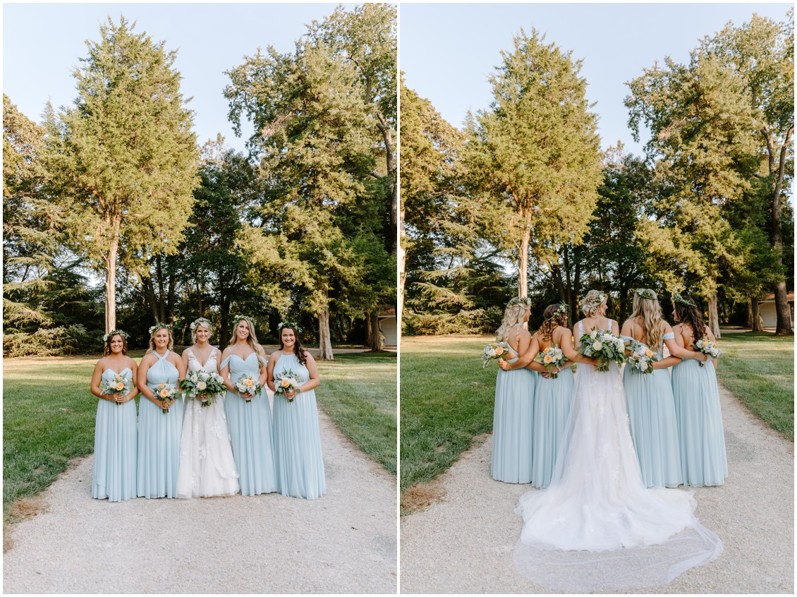 Bride with bridesmaids in soft blue dresses with pops of peach| My Eastern Shore Wedding | Sherwood Florist |