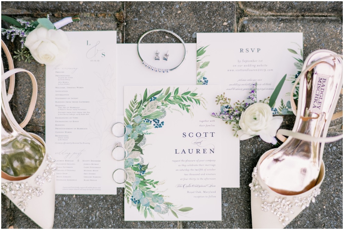 Invitation Suite with bridal jewelry, shoes and details  | My Eastern Shore Wedding | The Oaks Waterfront Inn | 