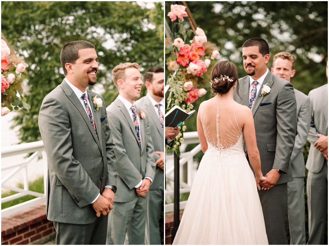 Bride and groom at altar with view of Bay and bright flowers | My Eastern Shore Wedding | Chesapeake Bay Beach Club