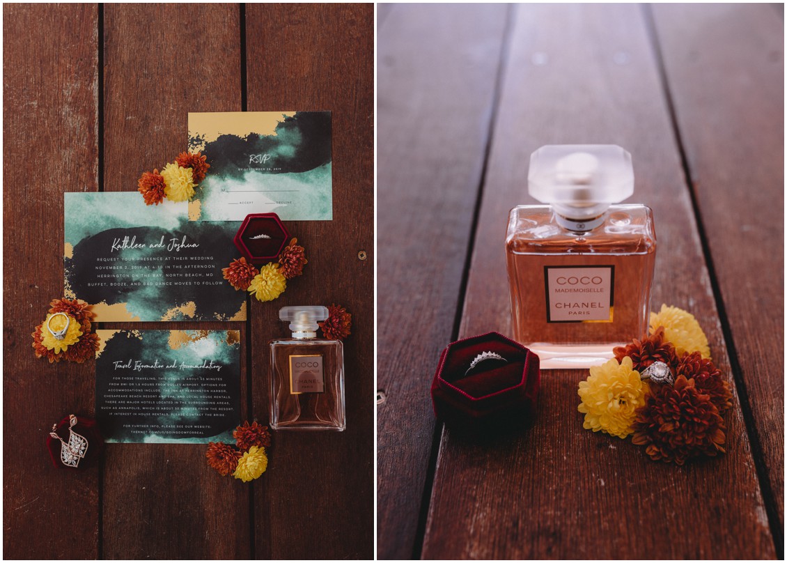 Bridal details, stationery, perfume, jewelry bold fall colors | My Eastern Shore Wedding | Sherwood Florist  