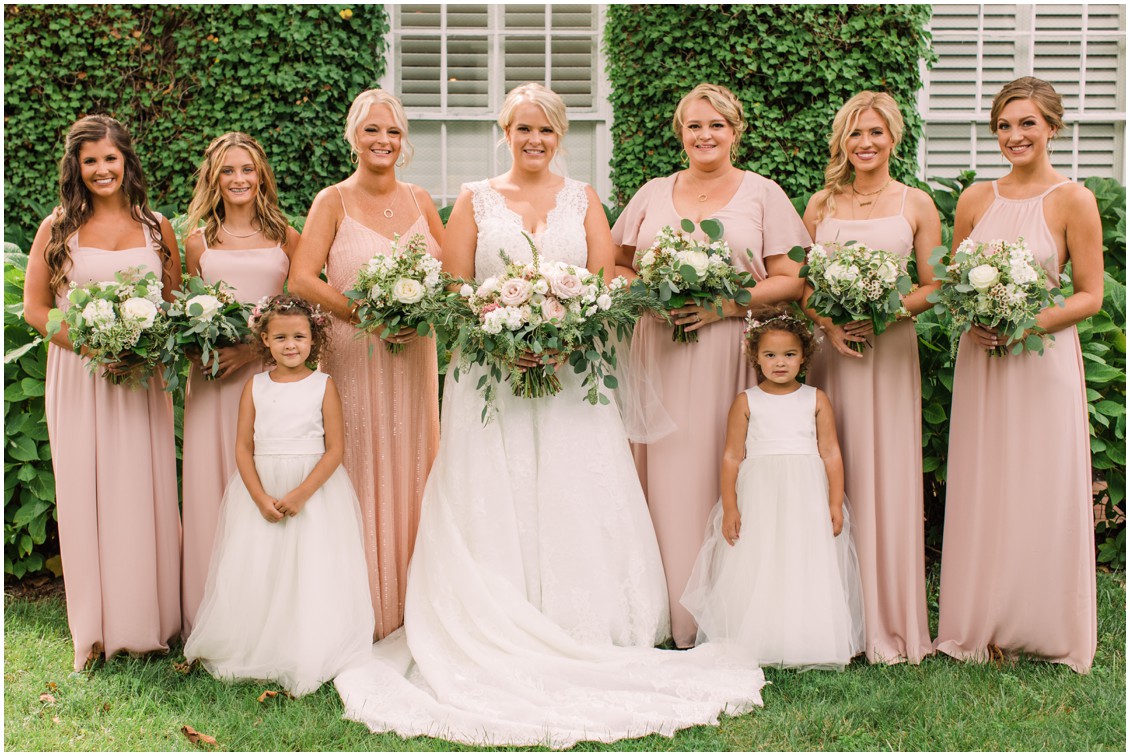 Bridal with bridesmaids in blush | My Eastern Shore Wedding | J Starr's Flower Barn | Laura's Focus Photography