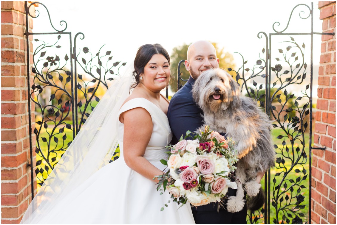 Bride and Groom portrait with cute dog glam winter wedding | My Eastern Shore Wedding | Sherwood Florist