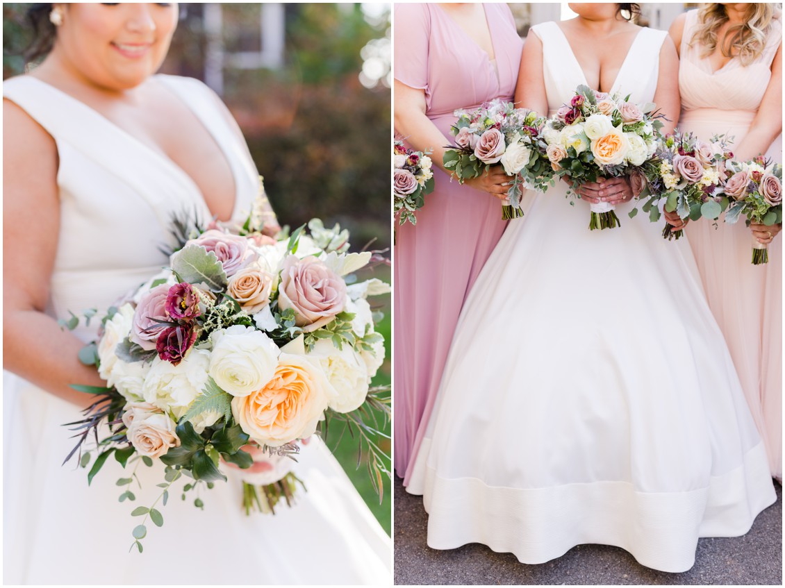 Bridesmaids and bride bouquet details glam winter wedding | My Eastern Shore Wedding | Sherwood Florist