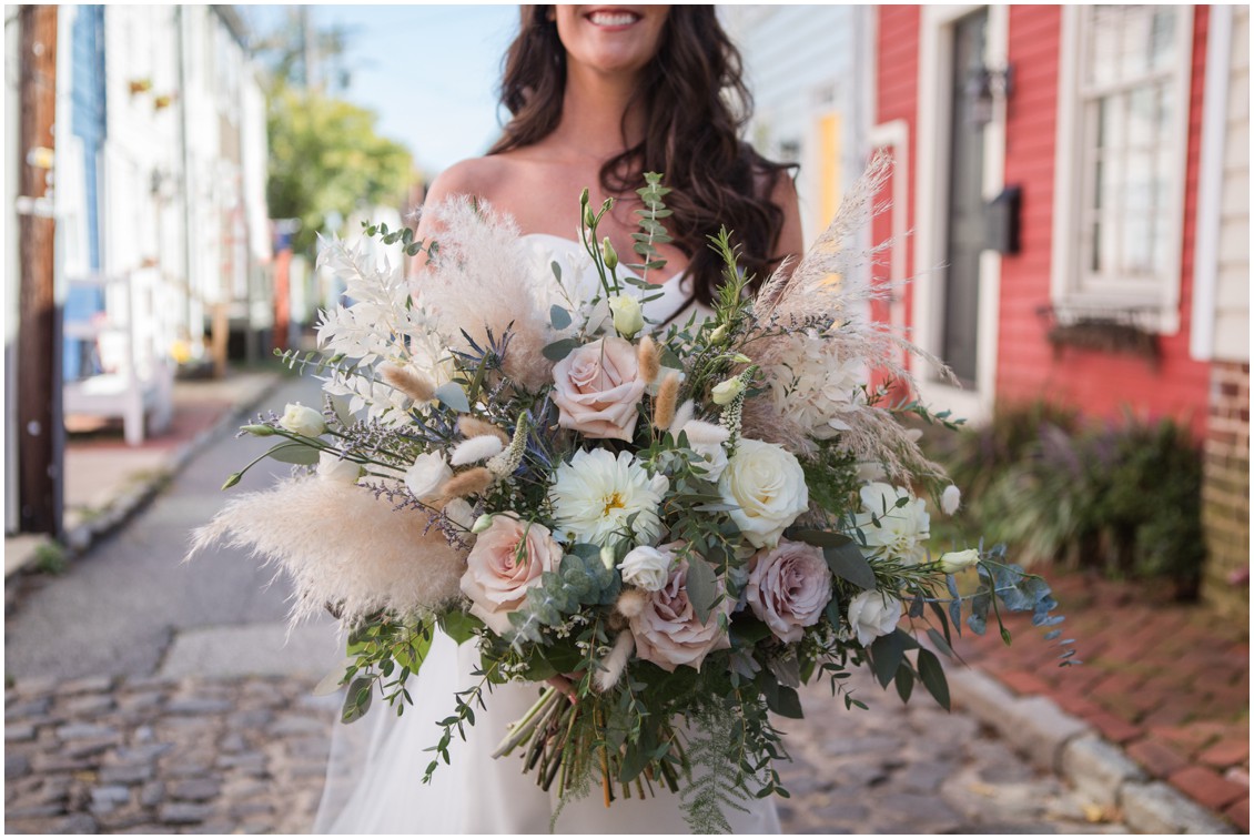 Bridal portrait neutral color bouquet with pampas grass | My Eastern Shore Wedding | J Starr's Flower Barn