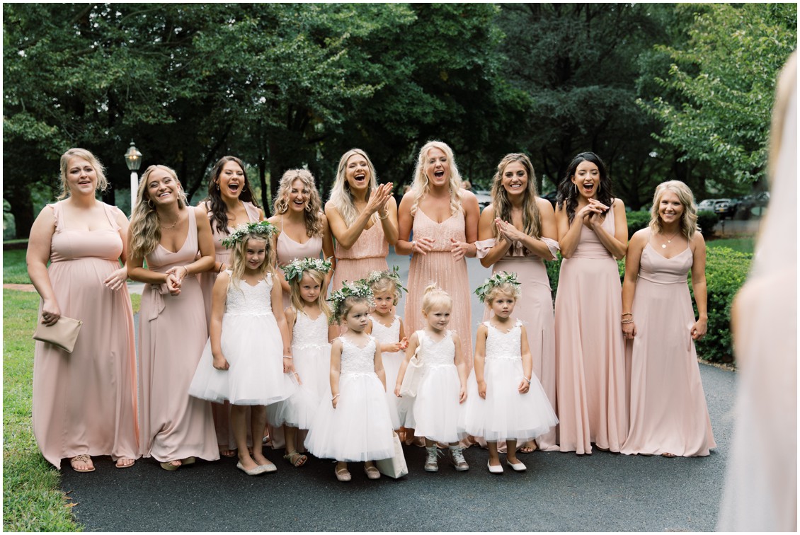 Bride with bridesmaids picturesque wedding with pops of pink | My Eastern Shore Wedding 