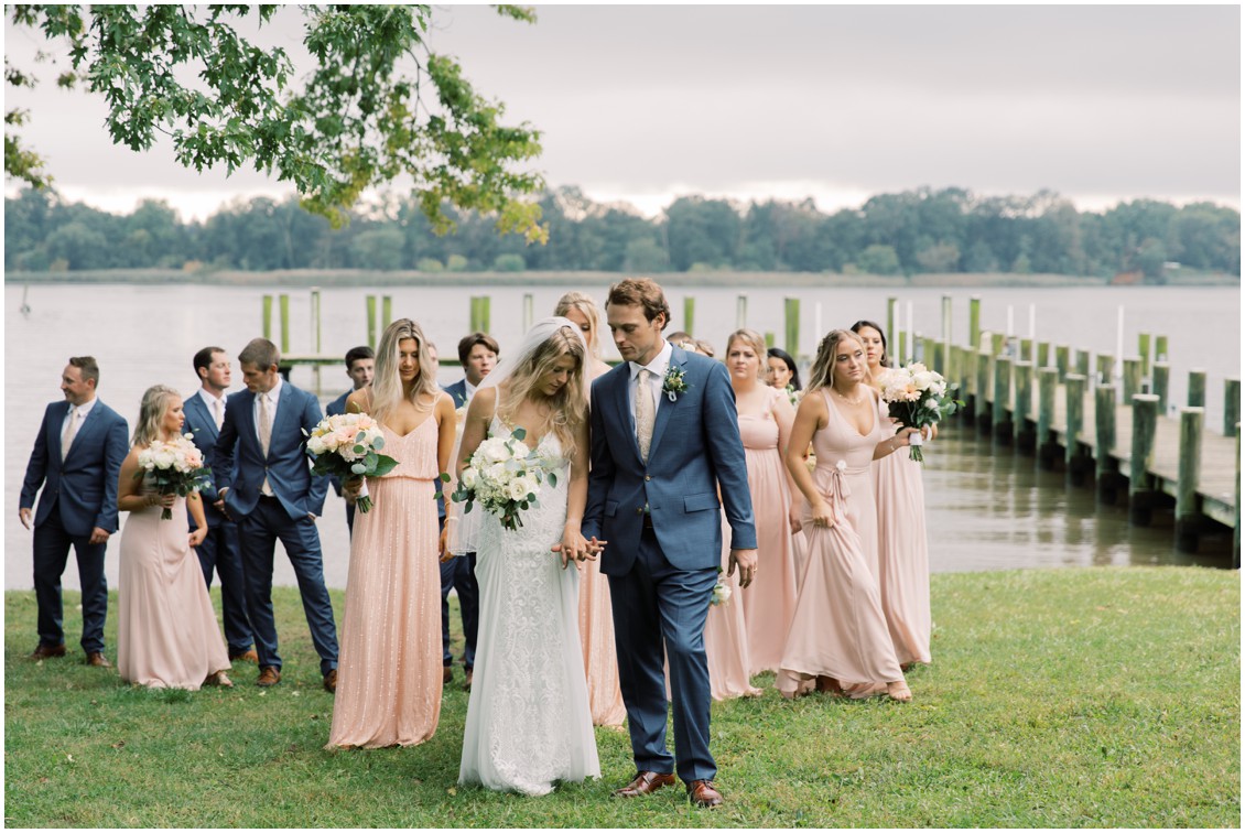 Bride with bridesmaids picturesque wedding with pops of pink | My Eastern Shore Wedding 