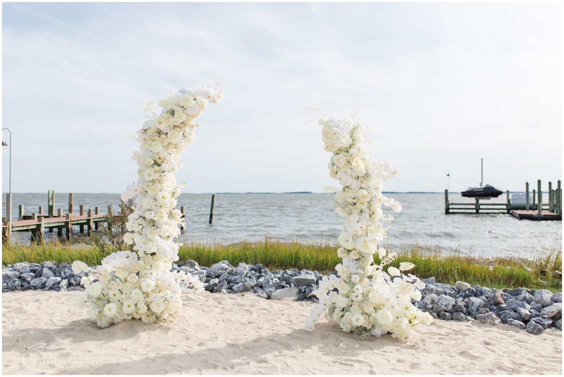 Ceremony arch at chic black tie beachside wedding | My Eastern Shore Wedding