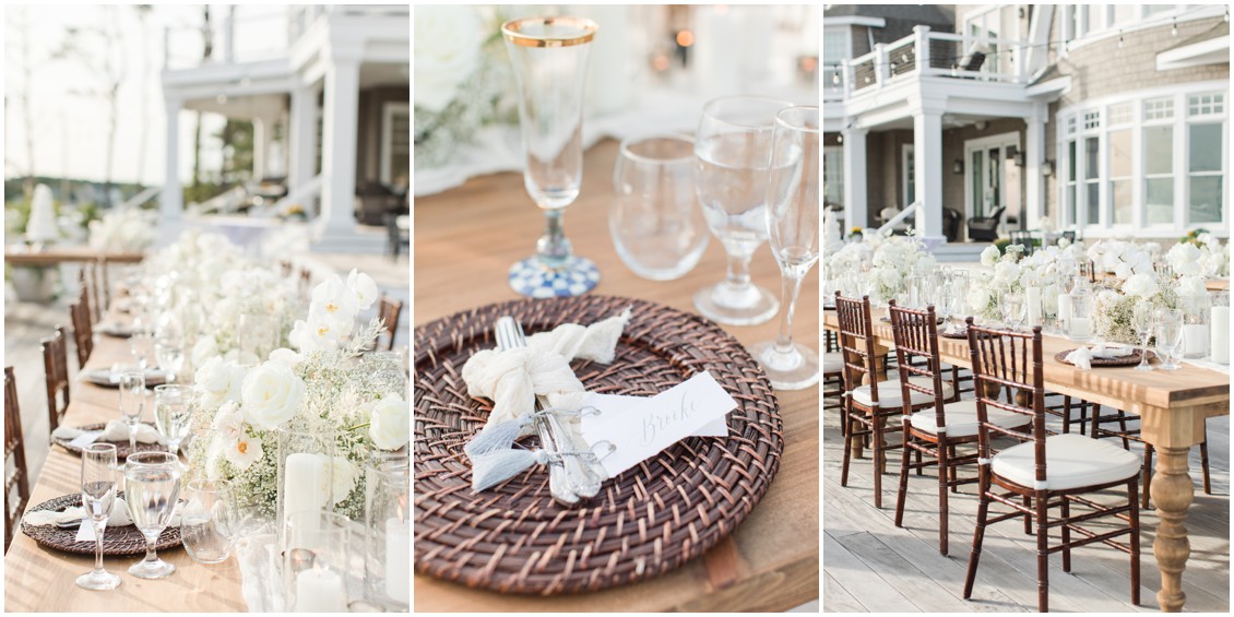 Details of table settings and decadent white florals at chic black tie beachside wedding | My Eastern Shore Wedding