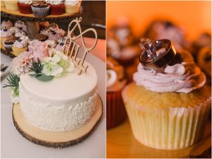 A delicious wedding cake and a single cupcake with the couple's wedding bands resting atop. | My Eastern Shore Wedding | Laura's Focus Photography