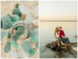 Left: A halo engagement ring rests in a bed of sea glass and sand. Right: The couple enjoys a bayside sunset surrounded by driftwood and quiet waters. | My Eastern Shore Wedding | Cassidy MR. Photography